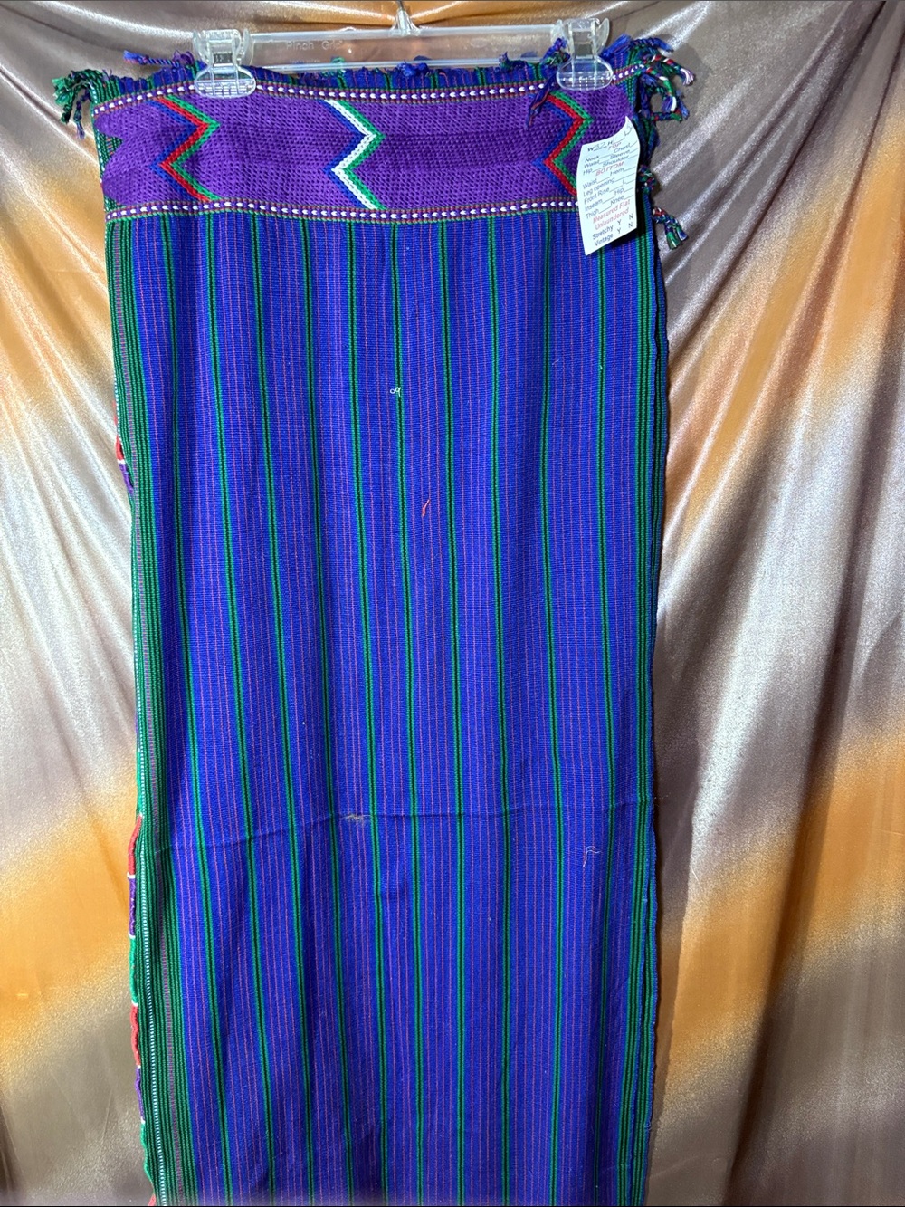 Guatemalan (?) Handwoven Blue & Green Striped Textile‎ Scarf Purple Accent CC